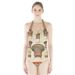 Egyptian Architecture Column Halter Swimsuit by Sapixe