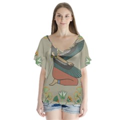 Egyptian Woman Wings Design V-Neck Flutter Sleeve Top