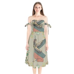 Egyptian Woman Wings Design Shoulder Tie Bardot Midi Dress by Sapixe