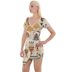 Egyptian Paper Papyrus Hieroglyphs Short Sleeve Asymmetric Mini Dress by Sapixe