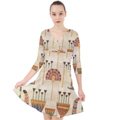 Egyptian Paper Papyrus Hieroglyphs Quarter Sleeve Front Wrap Dress