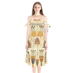 Egyptian Paper Papyrus Hieroglyphs Shoulder Tie Bardot Midi Dress by Sapixe