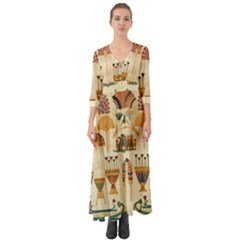 Egyptian Paper Papyrus Hieroglyphs Button Up Boho Maxi Dress by Sapixe