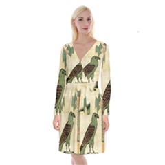 Egyptian Paper Papyrus Bird Long Sleeve Velvet Front Wrap Dress by Sapixe