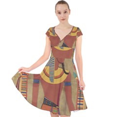 Egyptian Tutunkhamun Pharaoh Design Cap Sleeve Front Wrap Midi Dress