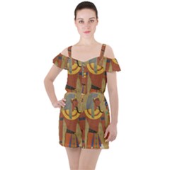 Egyptian Tutunkhamun Pharaoh Design Ruffle Cut Out Chiffon Playsuit by Sapixe