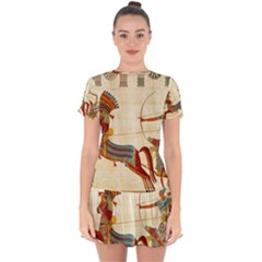 Egyptian Tutunkhamun Pharaoh Design Drop Hem Mini Chiffon Dress by Sapixe