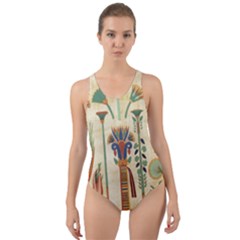 Egyptian Paper Papyrus Hieroglyphs Cut-out Back One Piece Swimsuit by Sapixe