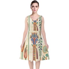 Egyptian Paper Papyrus Hieroglyphs V-neck Midi Sleeveless Dress  by Sapixe