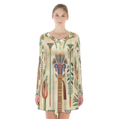 Egyptian Paper Papyrus Hieroglyphs Long Sleeve Velvet V-neck Dress by Sapixe