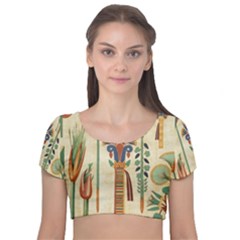 Egyptian Paper Papyrus Hieroglyphs Velvet Short Sleeve Crop Top  by Sapixe