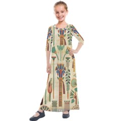 Egyptian Paper Papyrus Hieroglyphs Kids  Quarter Sleeve Maxi Dress by Sapixe