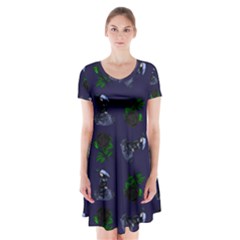 Gothic Girl Rose Blue Pattern Short Sleeve V-neck Flare Dress