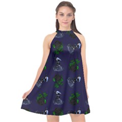 Gothic Girl Rose Blue Pattern Halter Neckline Chiffon Dress 