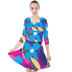 Pattern Leaf Polka Leaves Quarter Sleeve Front Wrap Dress