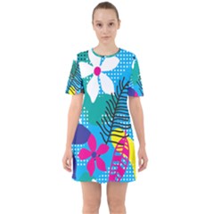 Pattern Leaf Polka Flower Sixties Short Sleeve Mini Dress