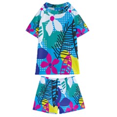 Pattern Leaf Polka Flower Kids  Swim Tee And Shorts Set by HermanTelo