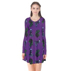 Gothic Girl Rose Purple Pattern Long Sleeve V-neck Flare Dress