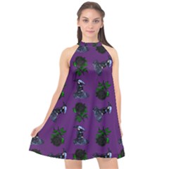 Gothic Girl Rose Purple Pattern Halter Neckline Chiffon Dress 