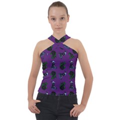 Gothic Girl Rose Purple Pattern Cross Neck Velour Top