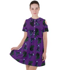 Gothic Girl Rose Purple Pattern Short Sleeve Shoulder Cut Out Dress 