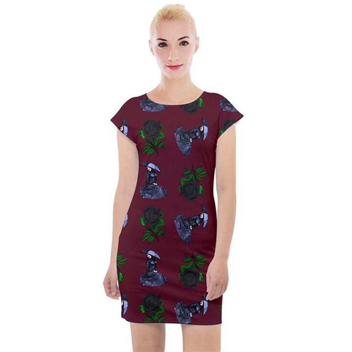 Gothic Girl Rose Red Pattern Cap Sleeve Bodycon Dress