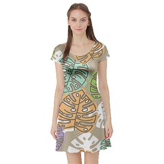 Pattern Leaves Banana Rainbow Short Sleeve Skater Dress