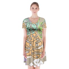 Pattern Leaves Banana Rainbow Short Sleeve V-neck Flare Dress