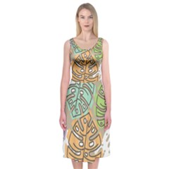 Pattern Leaves Banana Rainbow Midi Sleeveless Dress