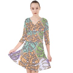 Pattern Leaves Banana Rainbow Quarter Sleeve Front Wrap Dress by HermanTelo