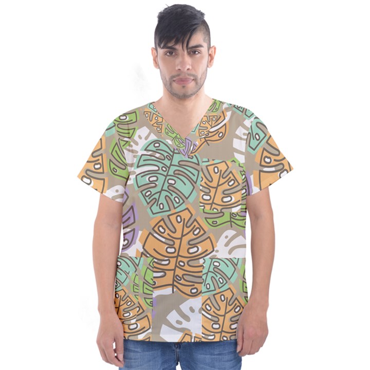 Pattern Leaves Banana Rainbow Men s V-Neck Scrub Top