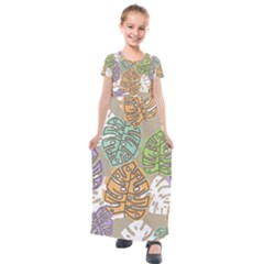 Pattern Leaves Banana Rainbow Kids  Short Sleeve Maxi Dress