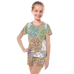 Pattern Leaves Banana Rainbow Kids  Mesh Tee And Shorts Set