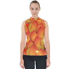 Pattern Texture Leaf Mock Neck Shell Top