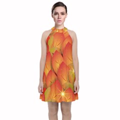 Pattern Texture Leaf Velvet Halter Neckline Dress  by HermanTelo