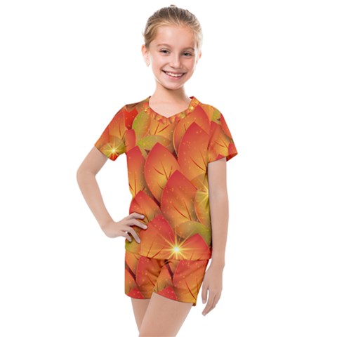 Pattern Texture Leaf Kids  Mesh Tee And Shorts Set by HermanTelo