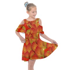 Pattern Texture Leaf Kids  Shoulder Cutout Chiffon Dress