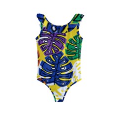 Pattern Leaves Grey Kids  Frill Swimsuit