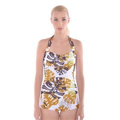 Pattern Leaves Boyleg Halter Swimsuit 