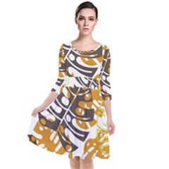 Pattern Leaves Quarter Sleeve Waist Band Dress