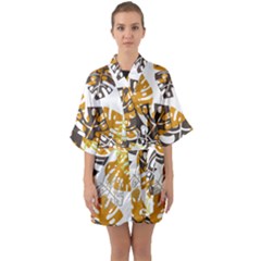 Pattern Leaves Quarter Sleeve Kimono Robe