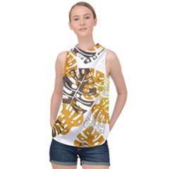 Pattern Leaves High Neck Satin Top