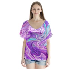 Pattern Texture Art Rainbow V-neck Flutter Sleeve Top