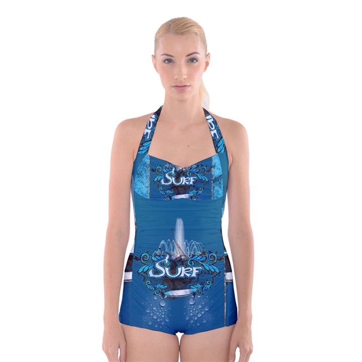 Sport, Surfboard With Water Drops Boyleg Halter Swimsuit 