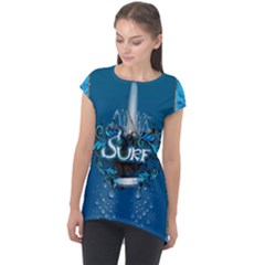 Sport, Surfboard With Water Drops Cap Sleeve High Low Top by FantasyWorld7