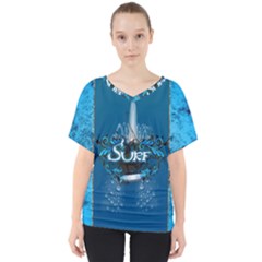 Sport, Surfboard With Water Drops V-neck Dolman Drape Top by FantasyWorld7