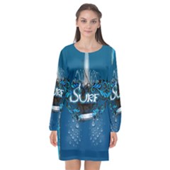 Sport, Surfboard With Water Drops Long Sleeve Chiffon Shift Dress  by FantasyWorld7