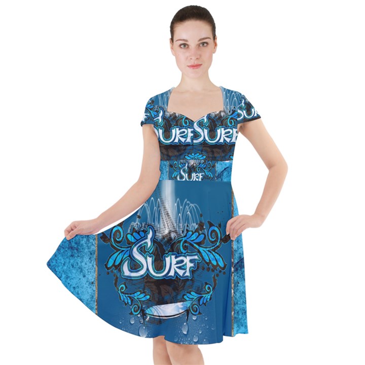 Sport, Surfboard With Water Drops Cap Sleeve Midi Dress