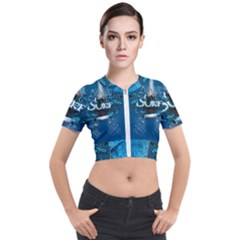 Sport, Surfboard With Water Drops Short Sleeve Cropped Jacket by FantasyWorld7