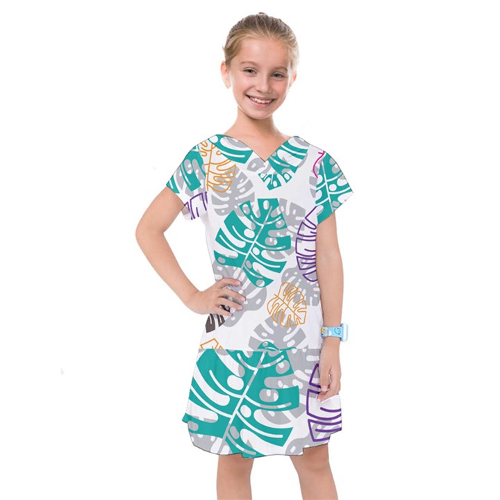 Pattern Leaves Rainbow Kids  Drop Waist Dress